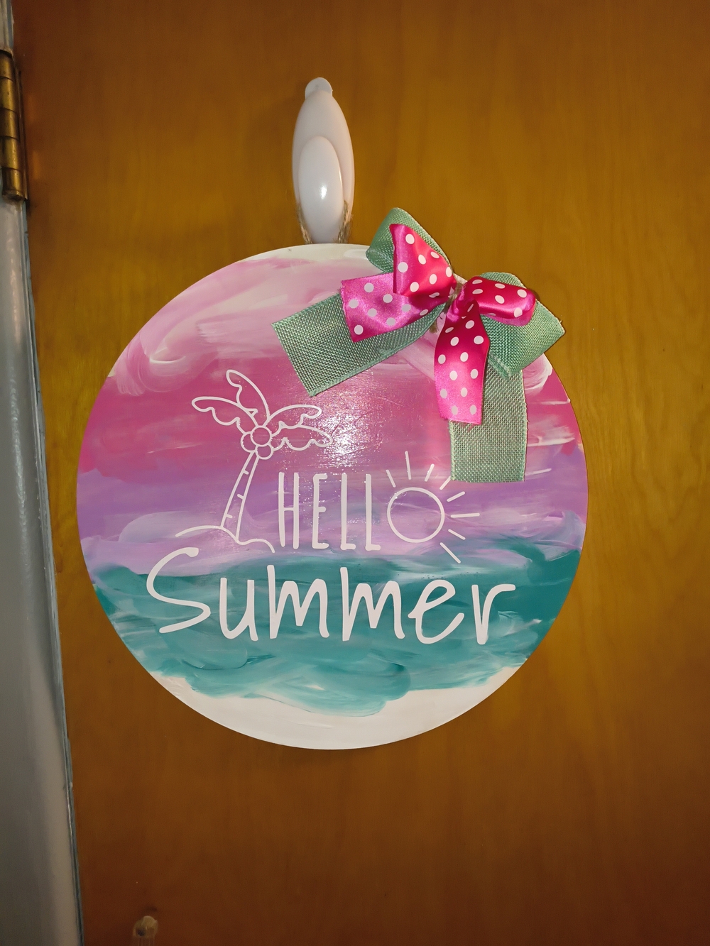 Hello Summer Round Wall Sign with Pink Polka Dot Bow